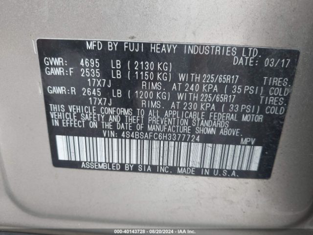 4S4BSAFC6H3377724 Subaru Outback 2.5i Premium