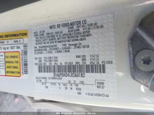 3FA6P0HD4LR260182 Ford FUSION SE