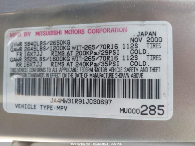 2001 MITSUBISHI MONTERO JA4MW31R91J030697 Photo 8