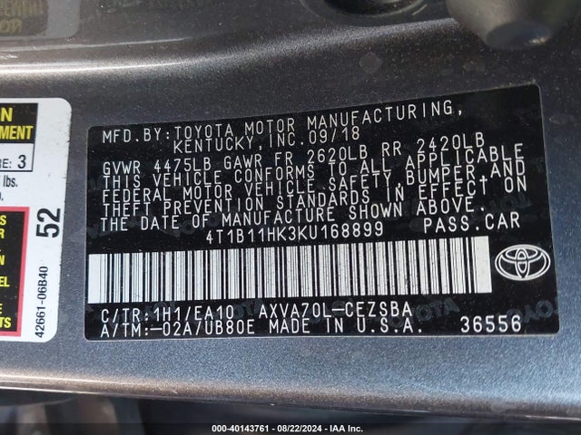 Toyota CAMRY SE 2019 4T1B11HK3KU168899 Image 9