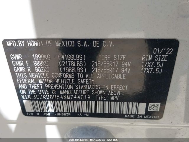 3CZRU6H54NM744018 Honda Hr-v Awd Ex