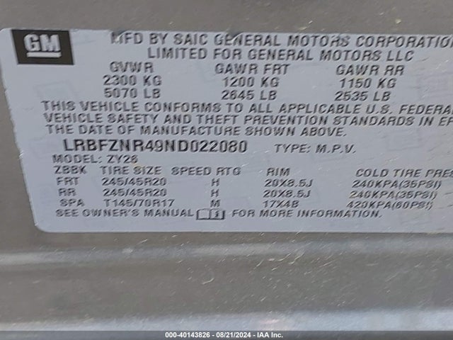 LRBFZNR49ND022080 Buick Envision Fwd Essence