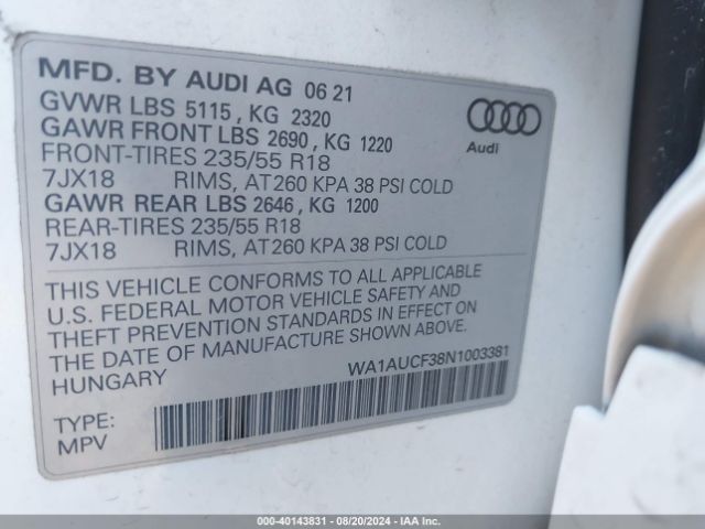 WA1AUCF38N1003381 Audi Q3 Premium 40 Tfsi Quattro Tiptronic