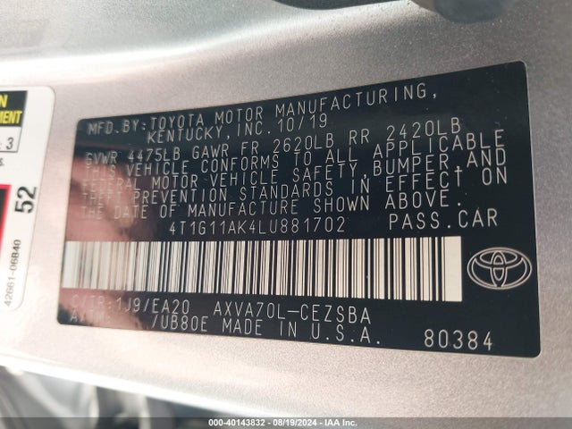 Toyota CAMRY SE 2020 4T1G11AK4LU881702 Image 9