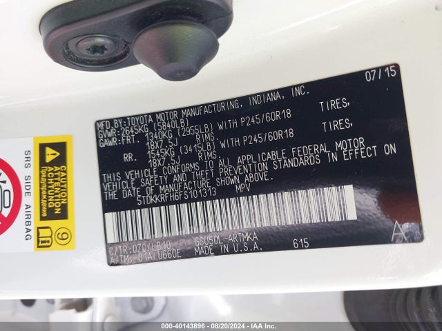 Toyota Highlander Xle V6 2015 5TDKKRFH6FS101313 Image 9