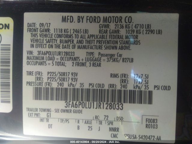 3FA6P0LU1JR128033 Ford Fusion Hybrid Se