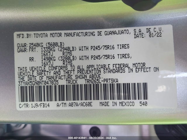 Toyota Tacoma Sr 2022 3TYAX5GN0NT047035 Image 9