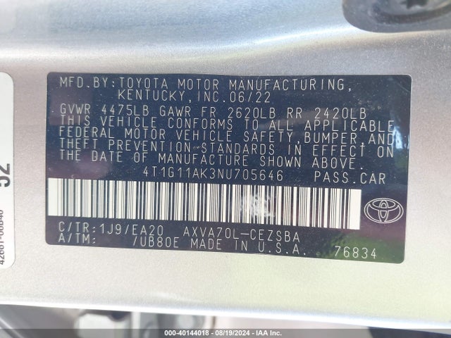 Toyota CAMRY SE 2022 4T1G11AK3NU705646 Image 9