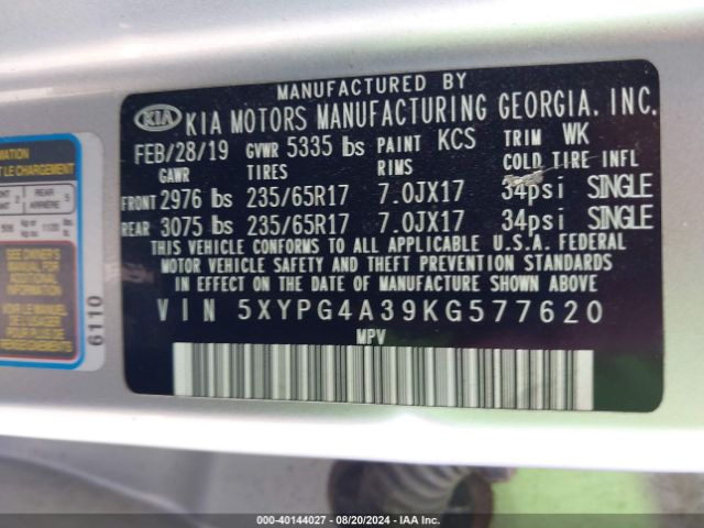 5XYPG4A39KG577620 KIA Sorento 2.4l L