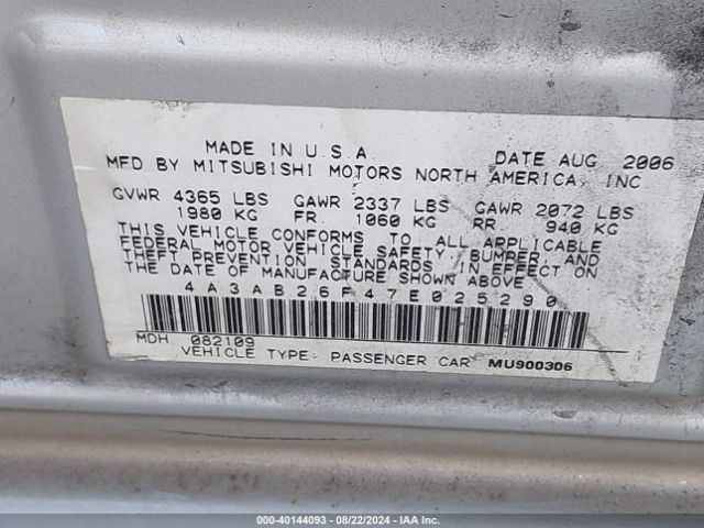 2007 MITSUBISHI GALANT 4A3AB26F47E025290 Photo 8