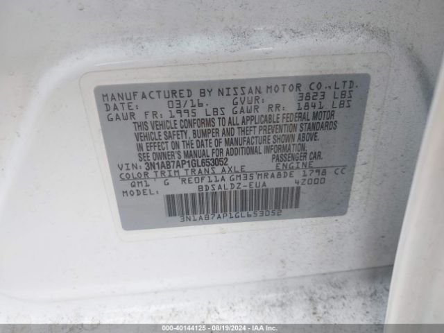 3N1AB7AP1GL653052 Nissan Sentra Fe+ S/s/sl/sr/sv