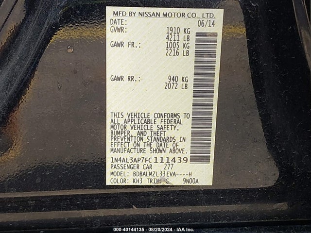 Nissan Altima 2.5 Sv 2015 1N4AL3AP7FC111439 Image 9