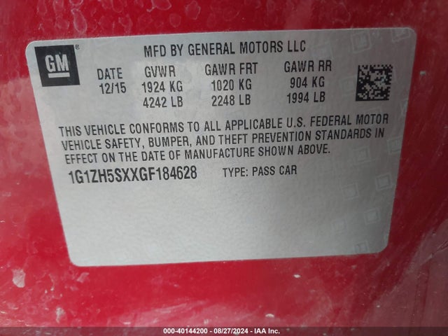 1G1ZH5SXXGF184628 Chevrolet ltg - sidi, alum dohc, vvt, dcvcp turbo, e0-e100, alum