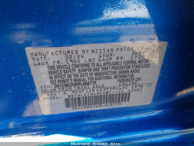3N1CN8DV6RL868770 Nissan Versa 1.6 S