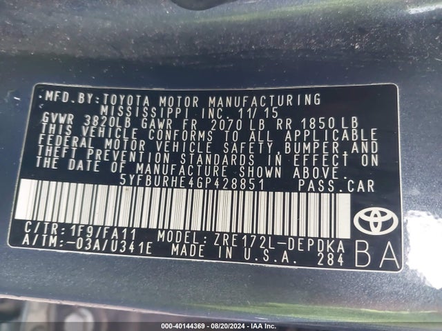 Toyota COROLLA L 2016 5YFBURHE4GP428851 Image 9