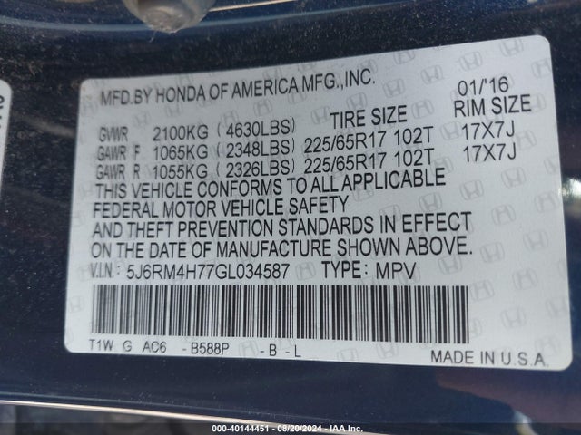 Honda Cr-v Ex-l 2016 5J6RM4H77GL034587 Image 9