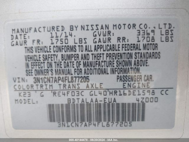 3N1CN7AP4FL877205 Nissan Versa 1.6 S