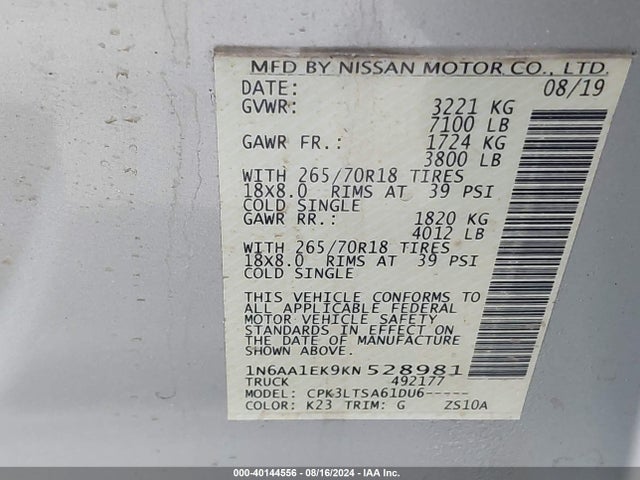 Nissan TITAN SV 2019 1N6AA1EK9KN528981 Image 9