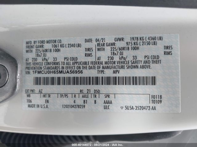 1FMCU0H65MUA56956 Ford ESCAPE SEL