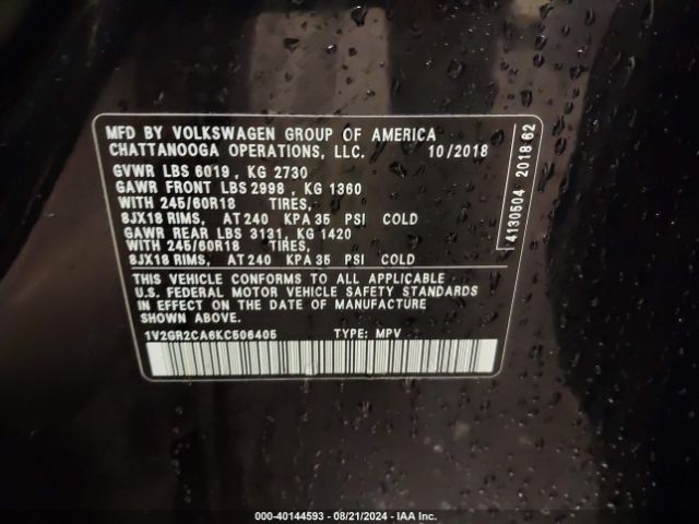 1V2GR2CA6KC506405 Volkswagen Atlas 3.6l V6 S
