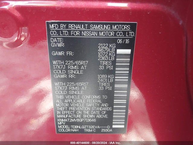 Nissan ROGUE SV 2016 KNMAT2MV8GP713646 Image 9