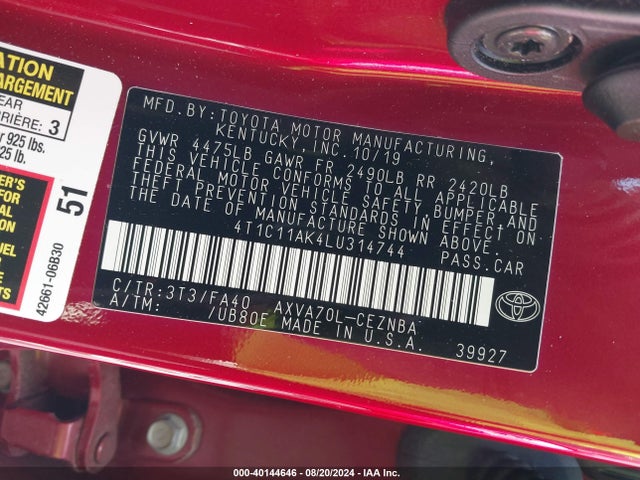 Toyota CAMRY LE 2020 4T1C11AK4LU314744 Image 9