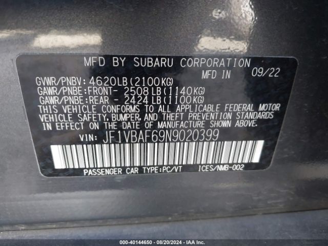 JF1VBAF69N9020399 Subaru Wrx Premium