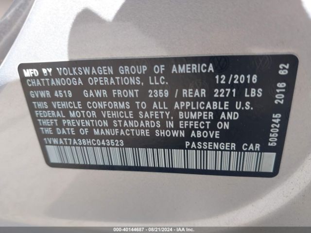 1VWAT7A38HC043523 Volkswagen Passat 1.8t S