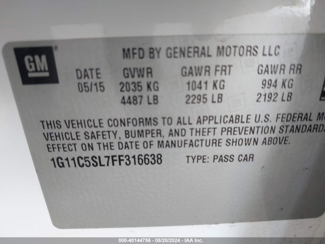 Chevrolet MALIBU 1LT 2015 1G11C5SL7FF316638 Image 9