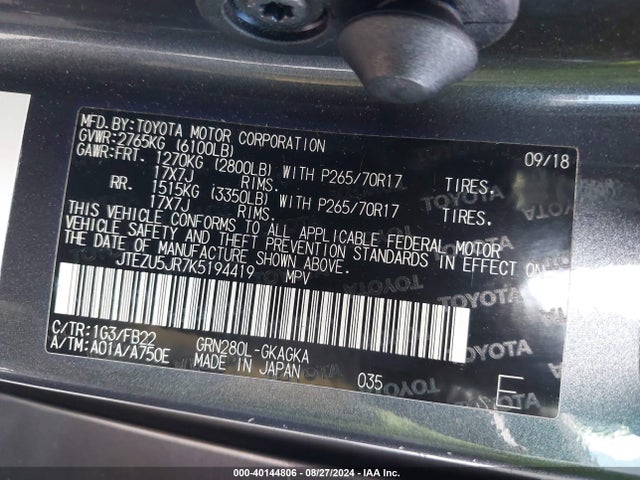 Toyota 4RUNNER SR5 2019 JTEZU5JR7K5194419 Image 9