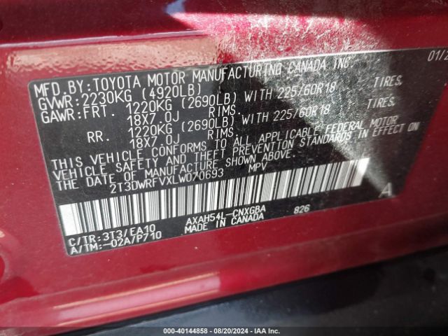 2T3DWRFVXLW070693 Toyota Rav4 Hybrid Limited