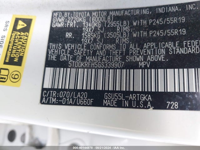 5TDDKRFH5GS339907 Toyota Highlander Limited V6