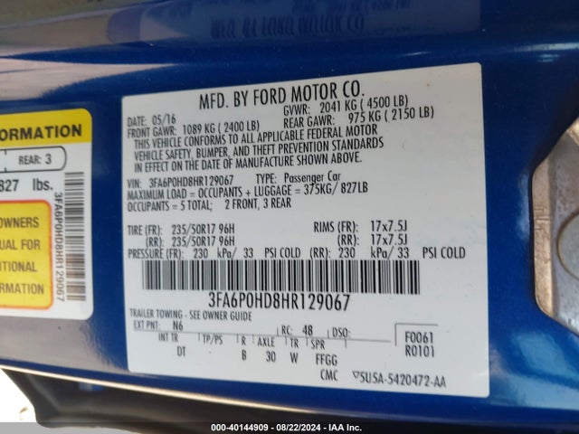 Ford FUSION SE 2017 3FA6P0HD8HR129067 Image 9