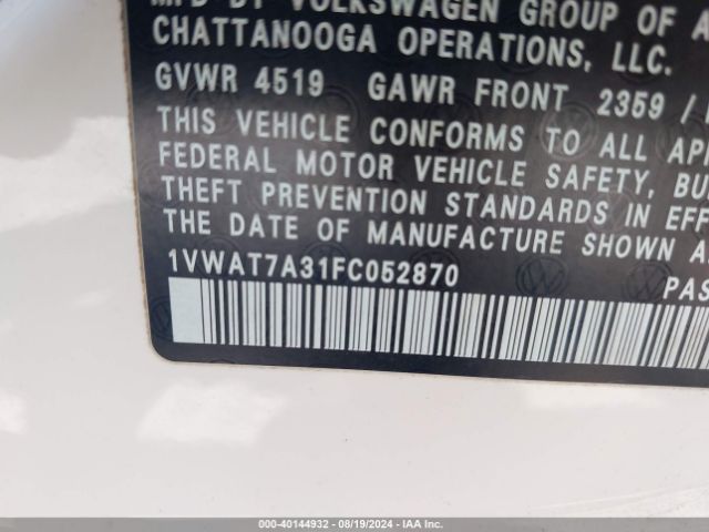 1VWAT7A31FC052870 Volkswagen Passat 1.8t Wolfsburg Edition