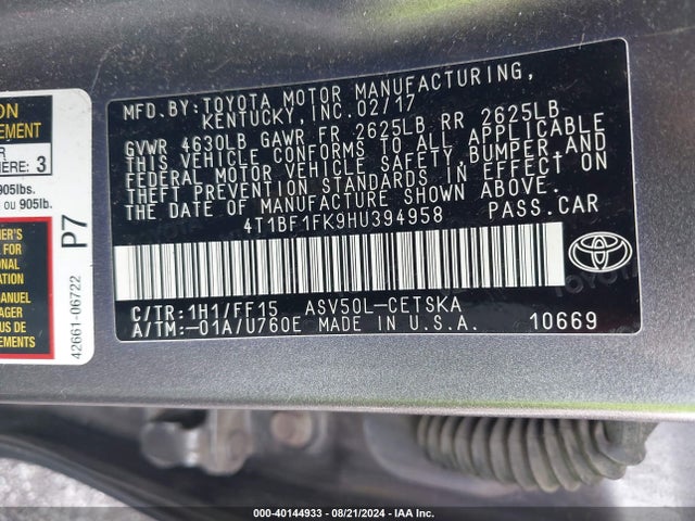 Toyota CAMRY SE 2017 4T1BF1FK9HU394958 Image 9