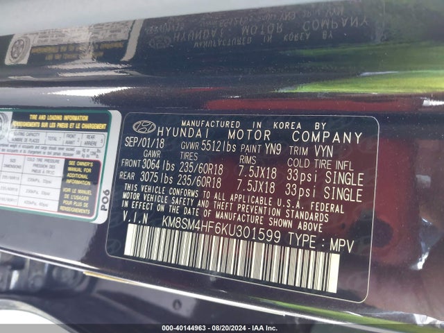 KM8SM4HF6KU301599 Hyundai Santa Fe Xl Se