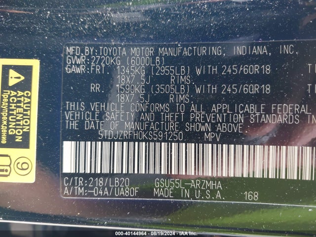 Toyota Highlander Xle 2019 5TDJZRFH0KS591250 Image 9