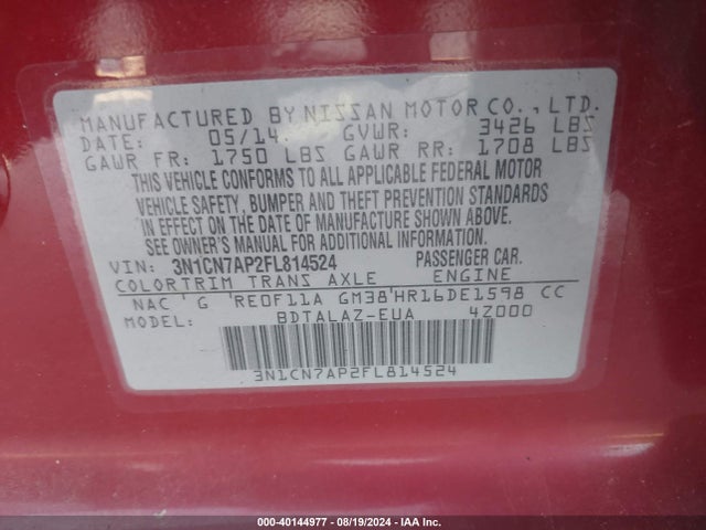 Nissan Versa 1.6 S+ 2015 3N1CN7AP2FL814524 Image 9