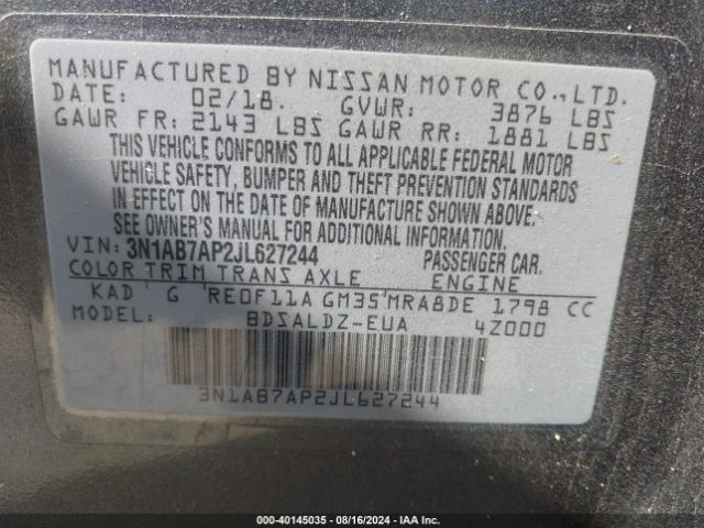 3N1AB7AP2JL627244 Nissan SENTRA SV
