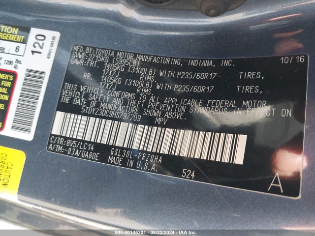 Toyota Sienna Xle 8 Passenger 2017 5TDYZ3DC9HS797209 Image 9