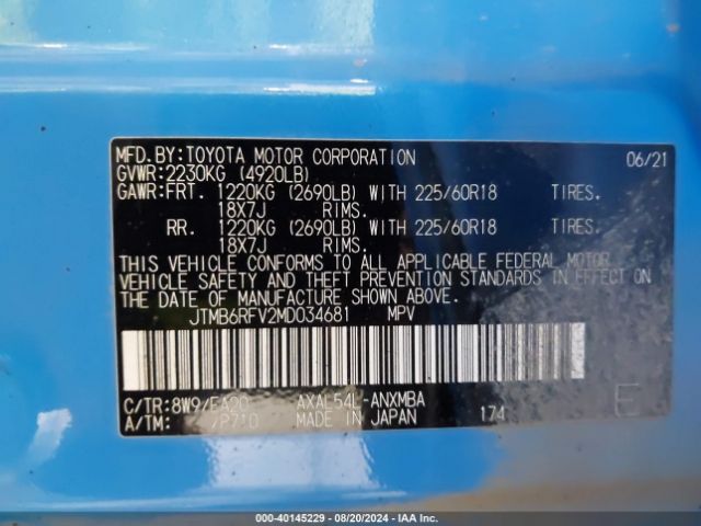 JTMB6RFV2MD034681 Toyota Rav4 Hybrid Xle Premium