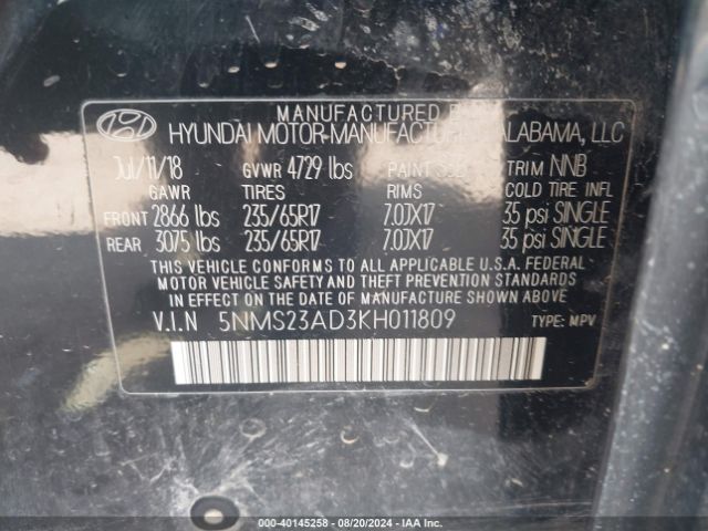5NMS23AD3KH011809 Hyundai Santa Fe Se