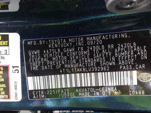 Toyota CAMRY LE 2020 4T1L11AK8LU392962 Image 9