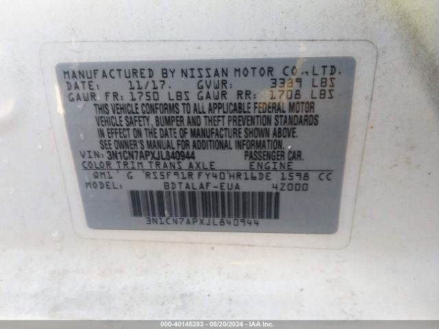 3N1CN7APXJL840944 Nissan Versa 1.6 S