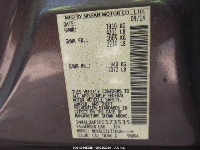 Nissan Altima 2.5 Sv 2015 1N4AL3AP5FC173535 Image 9