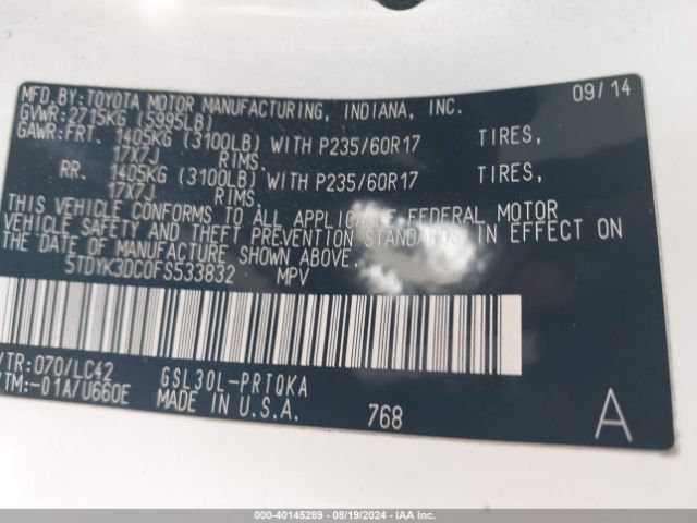 5TDYK3DC0FS533832 Toyota Sienna Xle Premium 8 Passenger