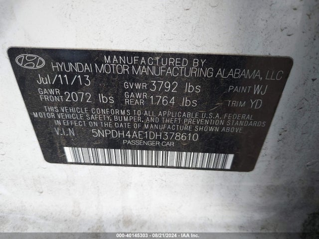 Продажа на аукционе авто 2013 Hyundai Elantra Gls, vin: 5NPDH4AE1DH378610, номер лота: 40145303
