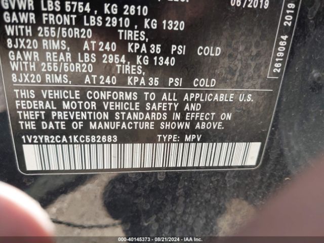 1V2YR2CA1KC582683 Volkswagen Atlas 3.6l V6 Se W/technology R-line
