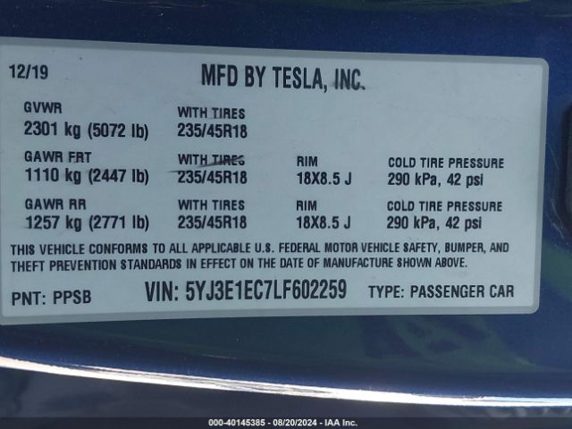 5YJ3E1EC7LF602259 Tesla Model 3 Performance Dual Motor All-wheel Drive