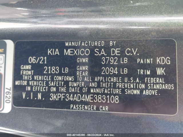 3KPF34AD4ME383108 KIA Forte Gt-line